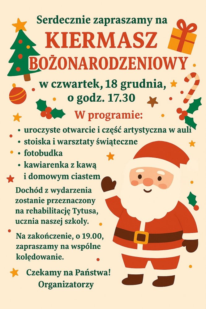 Zapraszamy na kiermasz bożonarodzeniowy w naszej szkole.