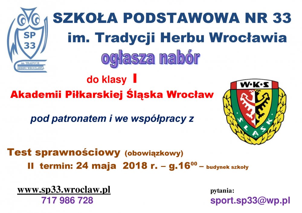 Klasa I Akademii Piłkarskiej Śląska Wrocław - II termin naboru